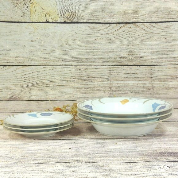 Dansk 3 Soup Bowls and 3 Flasks Tivoli Belles Fleurs Floral Blue Peach Flowers - Picture 3 of 6